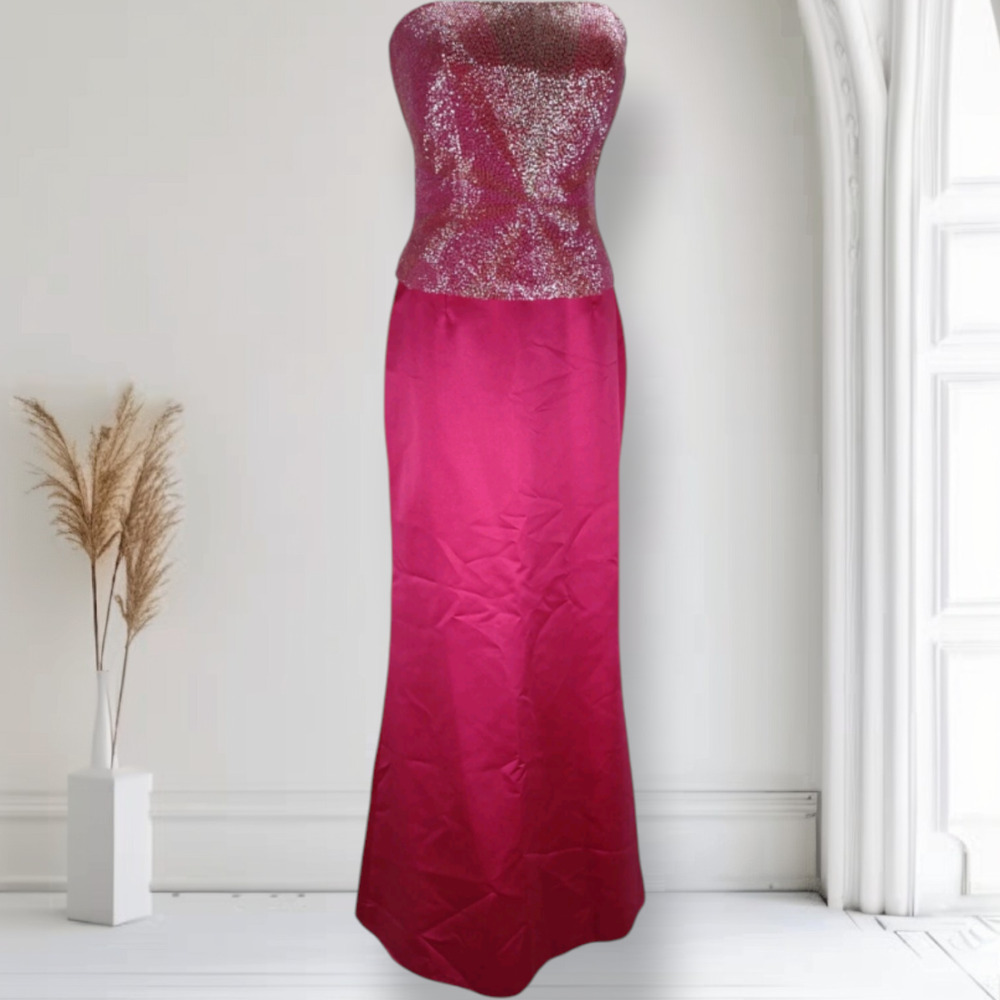 Vintage Y2K Mon Cheri Fuchsia Pink Beaded Strapless Satin Prom Gown NWT Sz 6